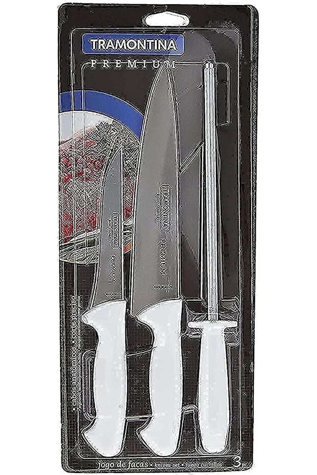 Since 1911, Made In Brazil - Premium 3 Pieces Knife And Sharpener Set With Stainless Steel Blade