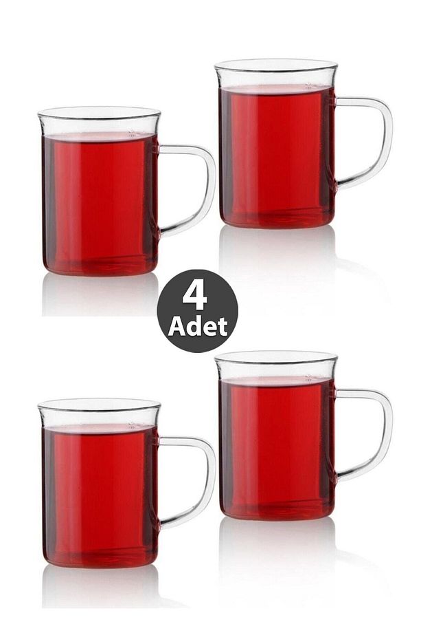 Cam Bardak Kupa Seti Ince Borosilikat Isıya Ateşe Dayanıklı Çay Kahve Bardağı Kulplu Fincan 4 Adet - 1