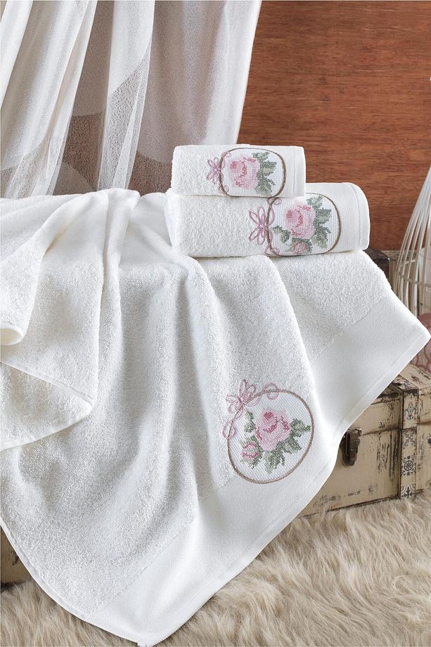 Şahika 3 Parça Havlu Seti | %100 Pamuklu | Kutulu Hamam Takımı | Çeyiz Seti | Lüks Banyo Havlusu - 1