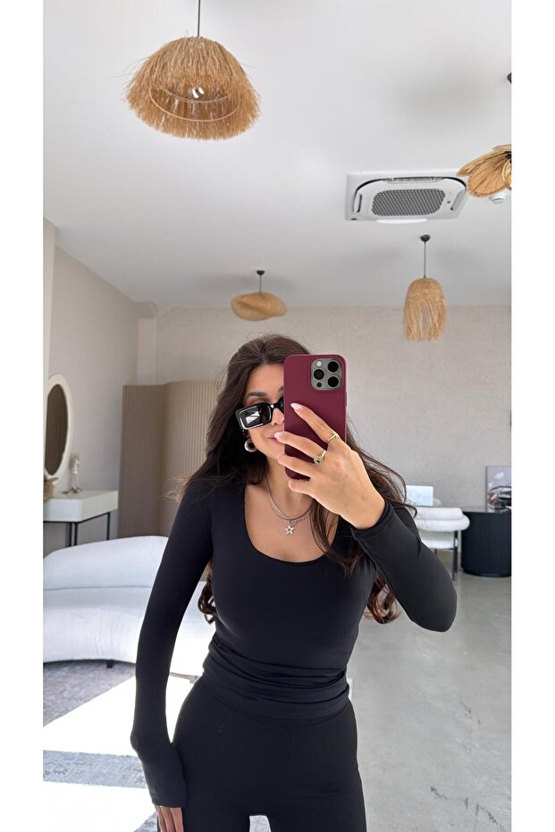 Black Square Collar Scuba Basic Blouse - 1