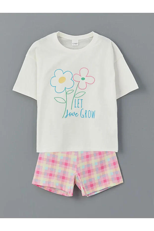 LCW Bisiklet Yaka Çiçekli Kız Çocuk Şortlu Pijama Takımı Fast Moda - 1