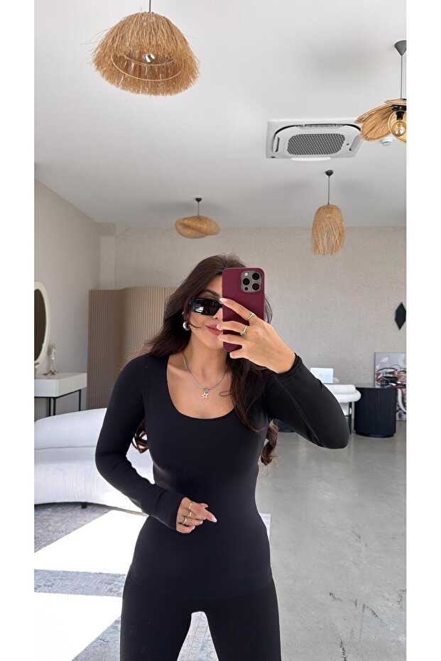 Black Square Collar Scuba Basic Blouse - 3