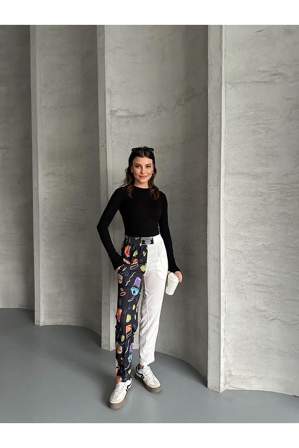 DİJİTAL BASKILI ÇİFT RENKLİ DESENLİ RAHAT KALIP YÜKSEK BEL JOGGER ALT EŞOFMAN - 3