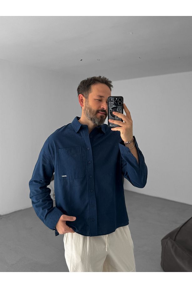 Lacivert Tek Cepli Kabartmalı Boxy Fit Gömlek JJ-183 - 3