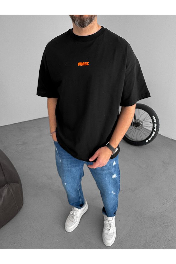 Siyah Chase Baskılı Oversize T-Shirt JJ-88 - 4
