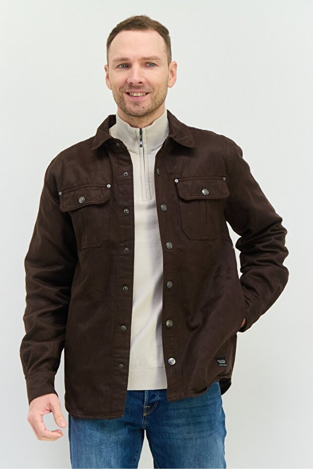 قميص رجالي سادة، بني غامق - 1