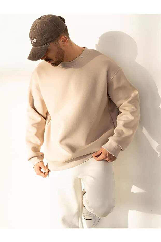 Unisex Basic Bisiklet Yaka Sweatshirt Taş - 2