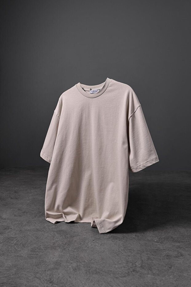 Erkek Bej Basic Oversize Tshirt - 1