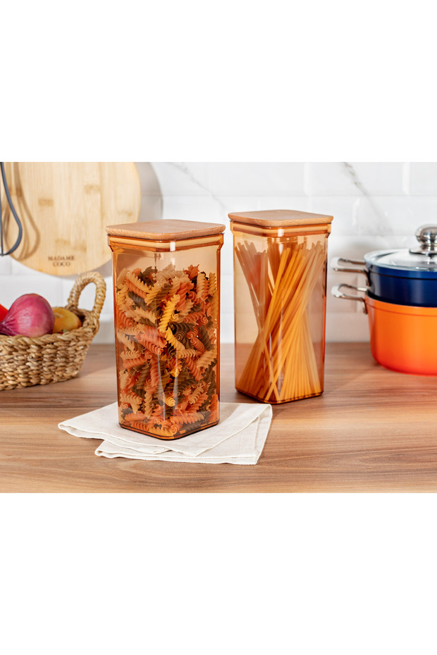 Kaviera 1500ml Ahşap Kapaklı Saklama Kabı 2'li - 1