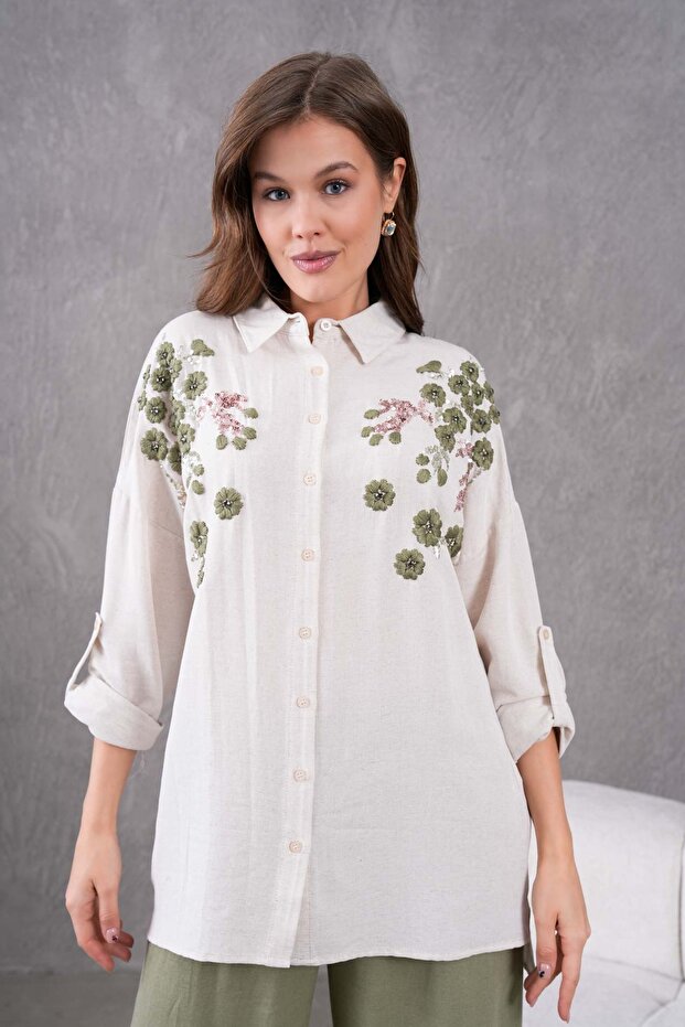Women's Floral Patterned Embroidered Stone Detailed Linen Shirt