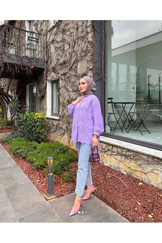 HENZA Pearl Brode Eyelet Embroidery Shirt Tunic
