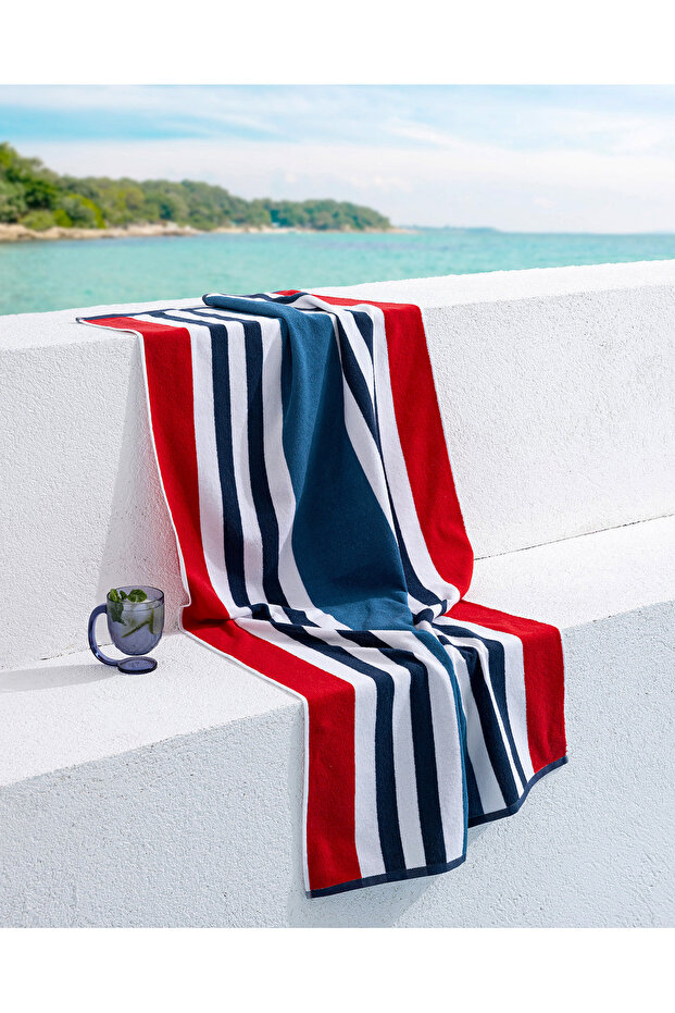 Denney 100% pamut sötétkék/piros strandtörölköző - 70x150 cm - 1