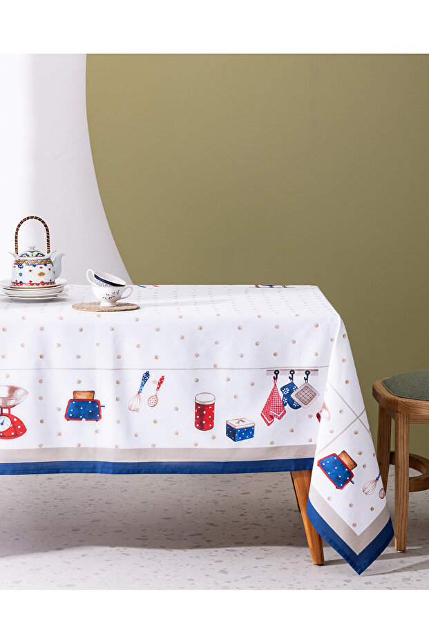 Asonne Polycotton Tablecloth - White/Navy Blue - 150X250 cm