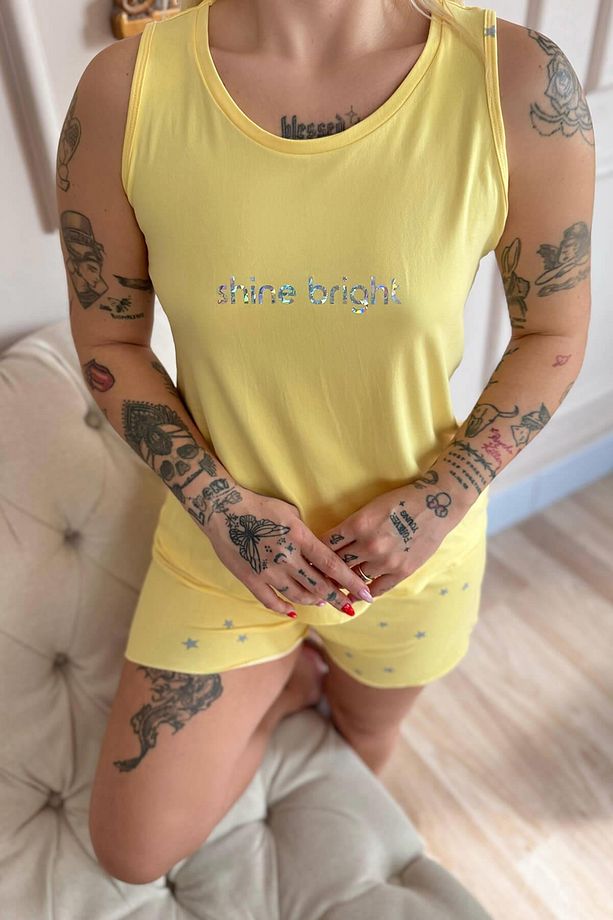 Sarı Shine Desenli Bambu Sıfır Kol Şortlu Kadın Pijama Takımı - 6