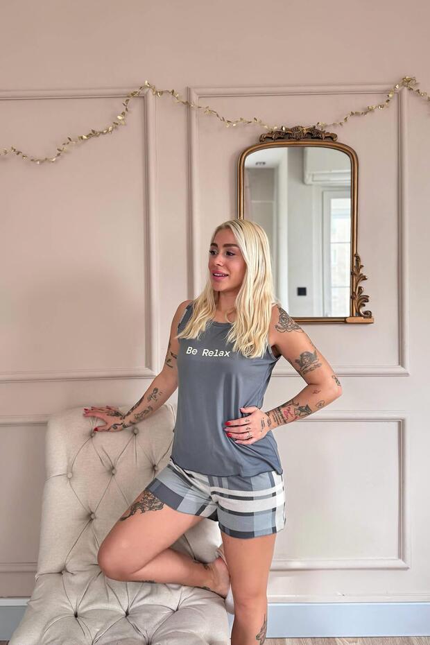 Antrasit Relax Desenli Bambu Sıfır Kol Şortlu Kadın Pijama Takımı - 3