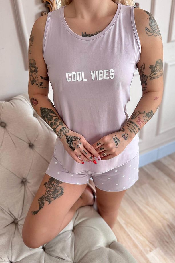 Lila Cool Vibes Desenli Bambu Sıfır Kol Şortlu Kadın Pijama Takımı - 6