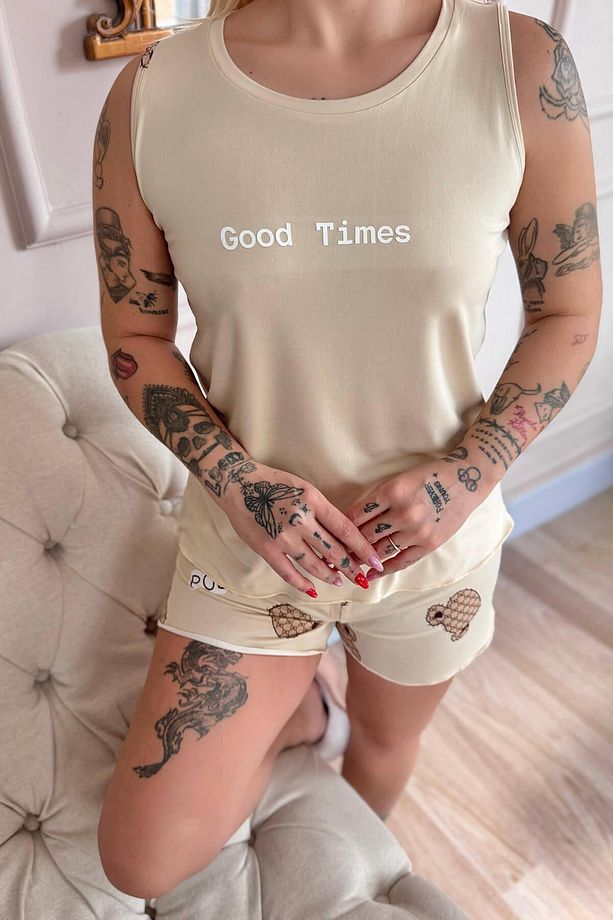 Bej Good Times Desenli Bambu Sıfır Kol Şortlu Kadın Pijama Takımı - 5