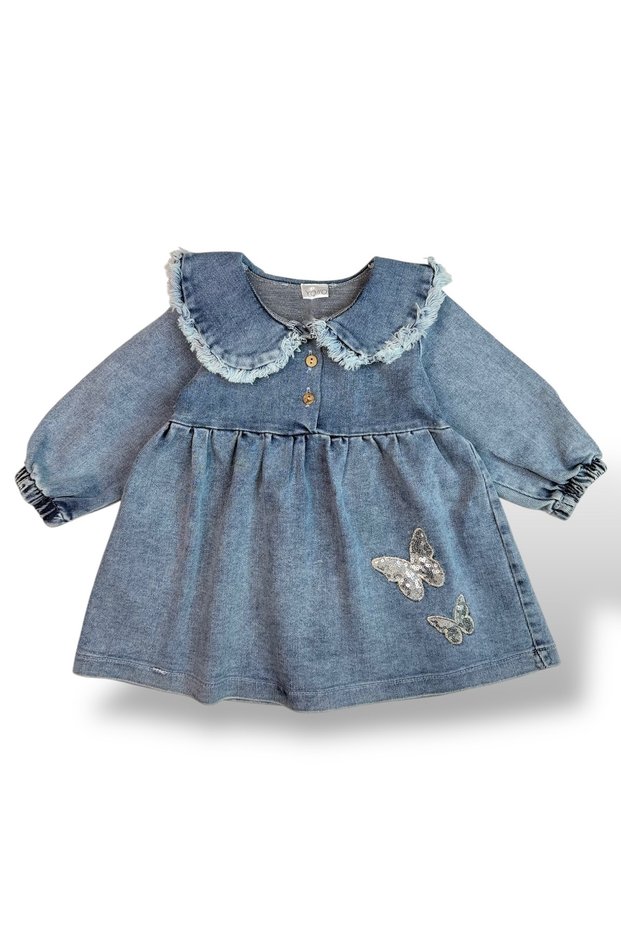 Baby Girl Long Sleeve Butterfly Embroidered Jean Dress