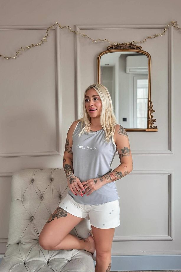 Gri Shine Desenli Bambu Sıfır Kol Şortlu Kadın Pijama Takımı - 3
