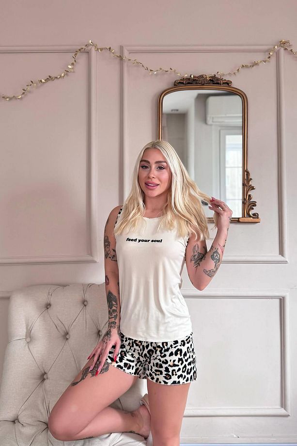 Ekru Feel Desenli Bambu Sıfır Kol Şortlu Kadın Pijama Takımı - 4
