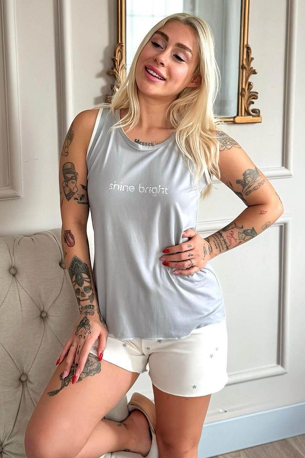 Gri Shine Desenli Bambu Sıfır Kol Şortlu Kadın Pijama Takımı - 1