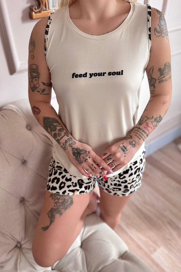 Ekru Feel Desenli Bambu Sıfır Kol Şortlu Kadın Pijama Takımı - 6
