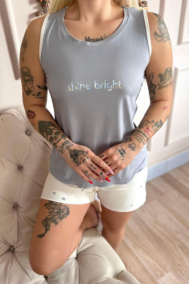 Gri Shine Desenli Bambu Sıfır Kol Şortlu Kadın Pijama Takımı - 6