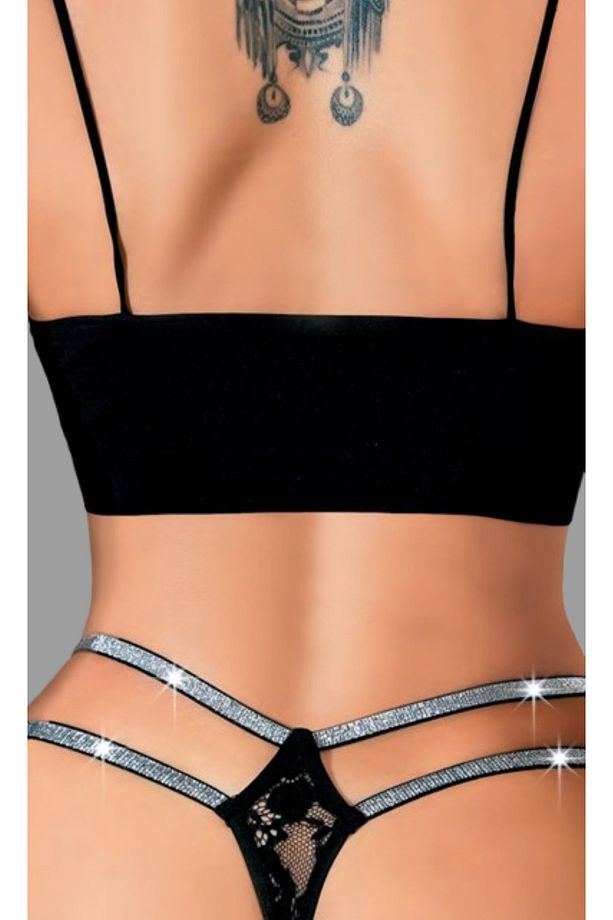 Siyah S/M - L/XL Beden 2 Sıra Dantelli Full Taşlı Tanga Kadın Külot - 2