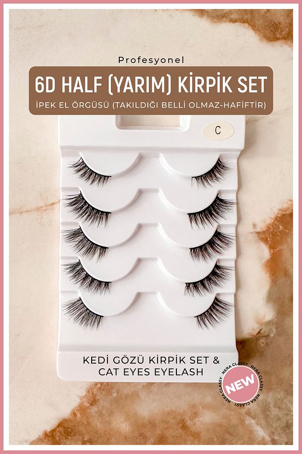 5 Farklı Model Köşelere Takılan (Yarım) Takma Kirpik + Eyeliner (KEDİ GÖZÜ&CAT EYES EYELASH)No:C - 1