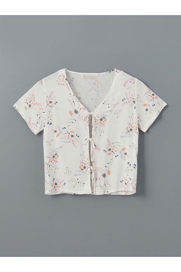V Yaka Çiçekli Kadın Şortlu Pijama Takımı - 6