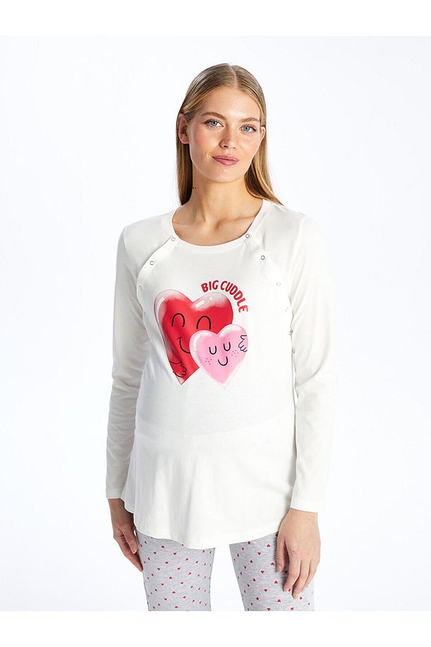 Bisiklet Yaka Baskılı Uzun Kollu Hamile Pijama Takımı - 1