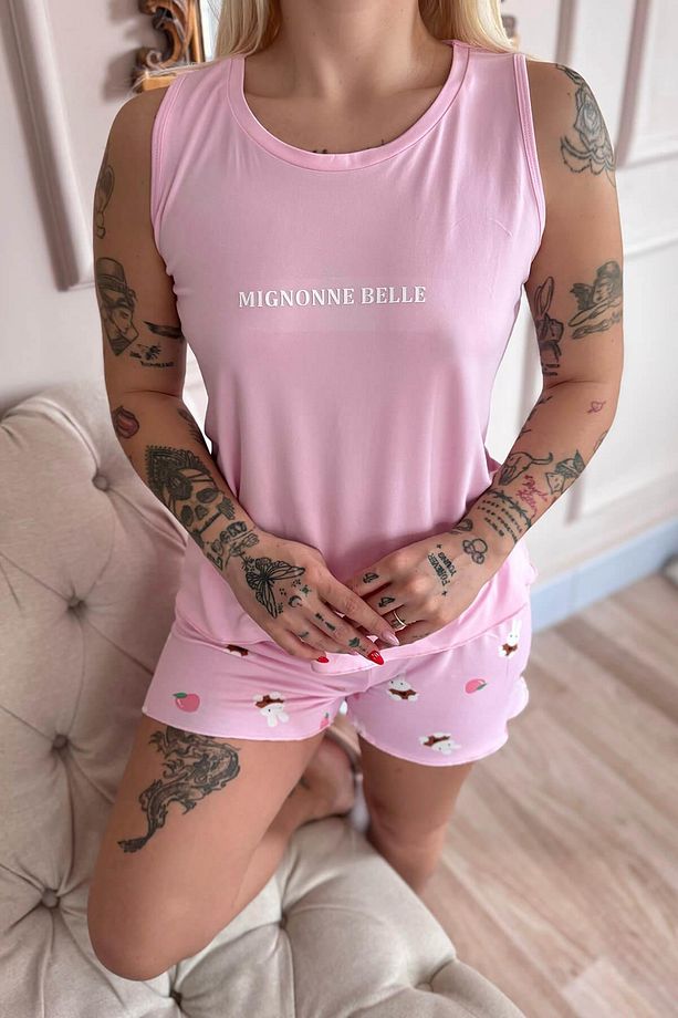Açık Pembe Mignonne Desenli Bambu Sıfır Kol Şortlu Kadın Pijama Takımı - 5