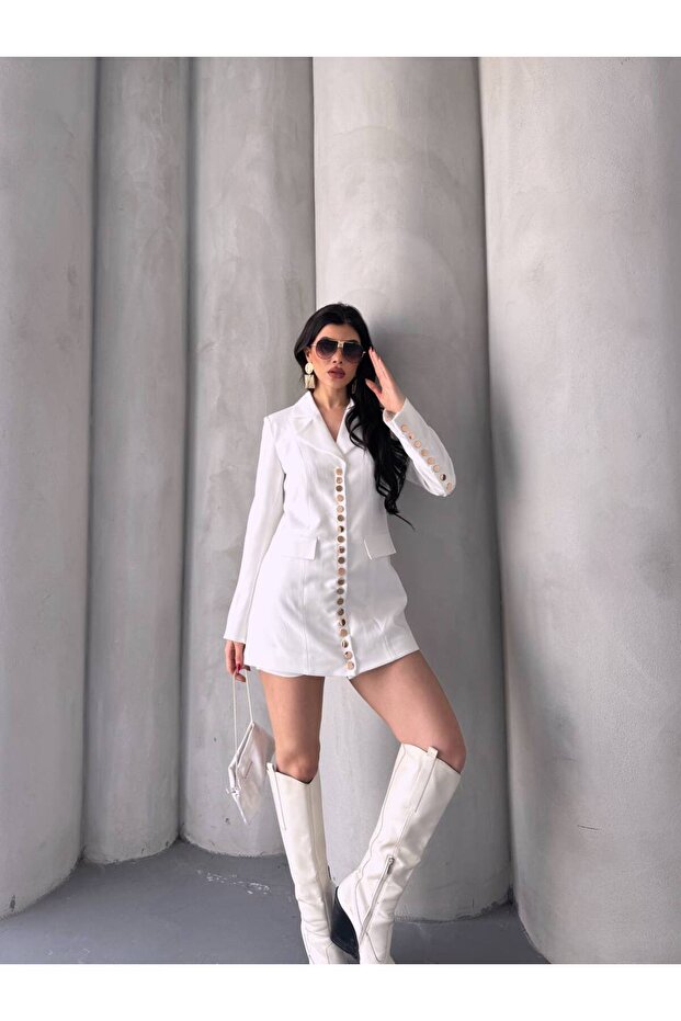 Trend Women's Gold Snap Detailed Design Long Blazer Jacket