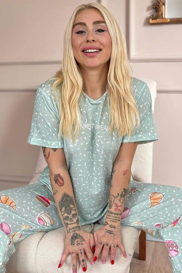 Mint Sweet Dreams Desenli Örme Kısa Kol Kadın Pijama Takımı - 1