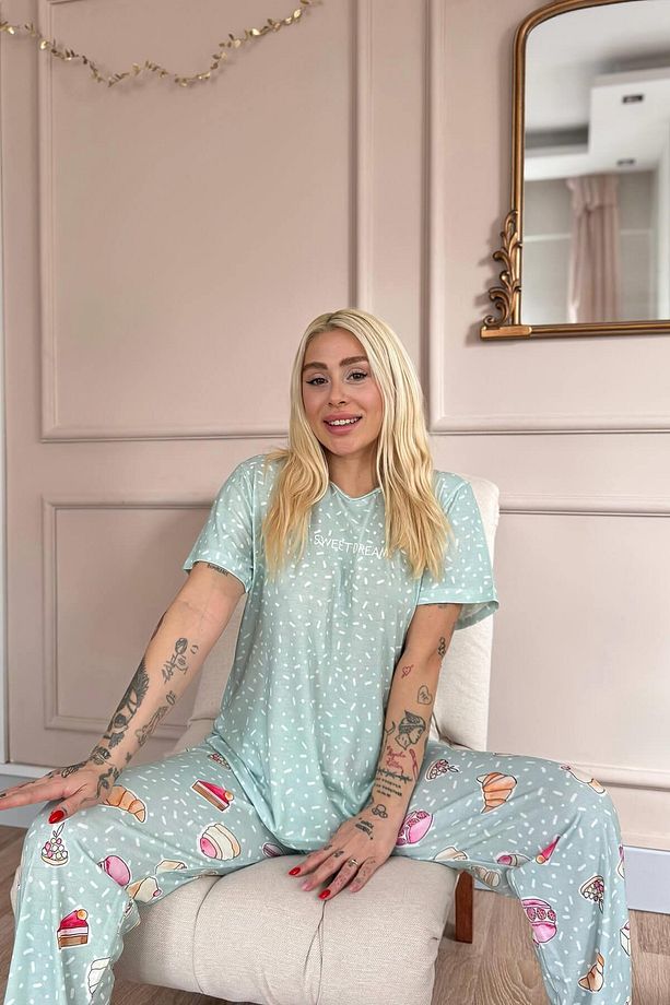 Mint Sweet Dreams Desenli Örme Kısa Kol Kadın Pijama Takımı - 6