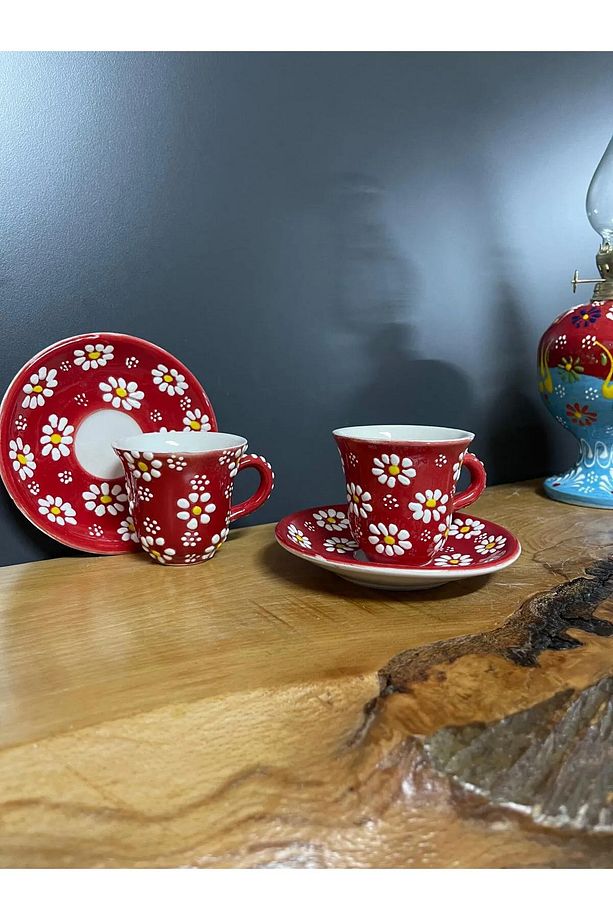 2 Adet Çini Desenli Kahve Fincanı Çini Lale Desenli Tabaklı Fincan Seti 4 Parça - 2