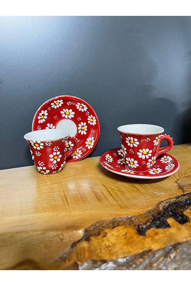 2 Adet Çini Desenli Kahve Fincanı Çini Lale Desenli Tabaklı Fincan Seti 4 Parça - 1