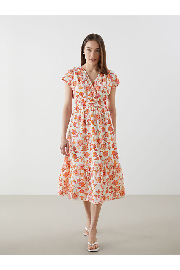 Lcw Comfort Orange Double-Breasted Collared Floral Dress
