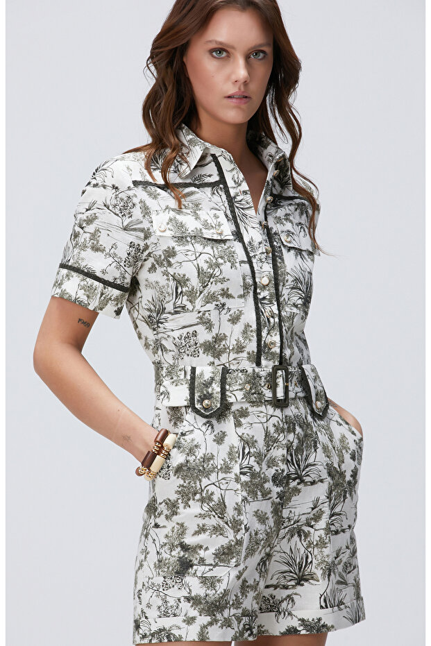 Haki Keten Karışımlı Tulum - 1