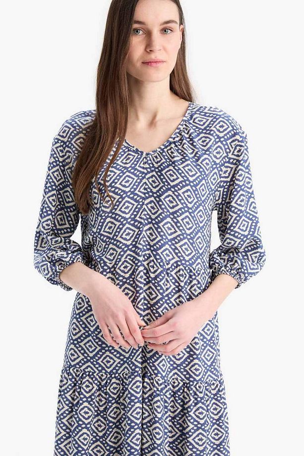 Yeni Sezon Regular Fit Desenli V Yaka Uzun Kollu Maxi Elbise - 3