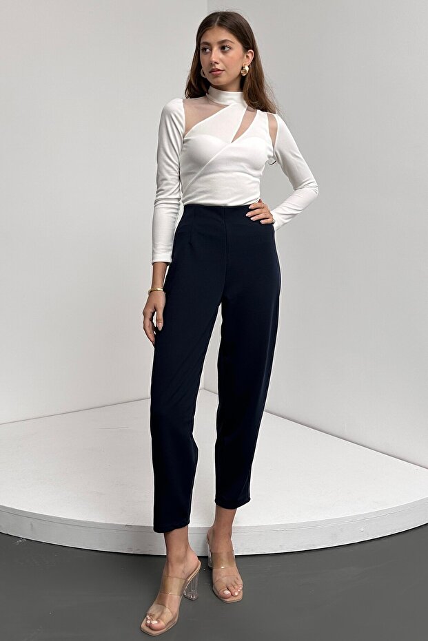 Women's High Waist Balloon Navy Blue Narrow Leg Elastic Basic Trousers