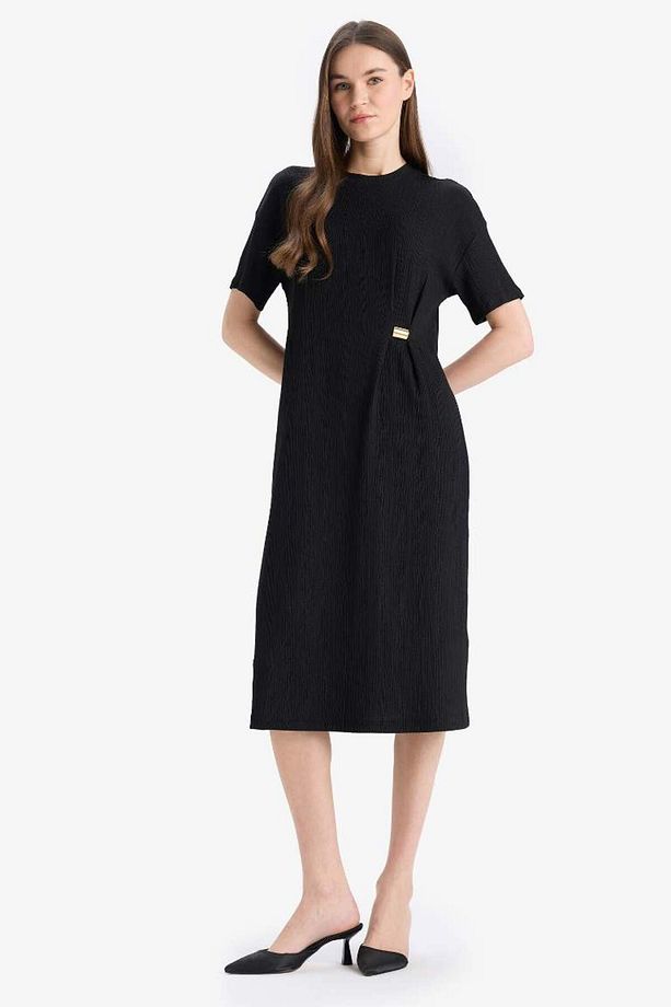 Regular Fit Bisiklet Yaka Basic Düz Bürümcük Kısa Kollu Midi Yazlık Elbise E7330ax25sm - 2