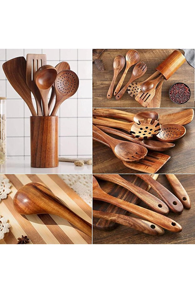 ملاعق خشبية للطبخ، 9 قطع أدوات خشبية مع حامل، أدوات خشبية للطبخ - 8
