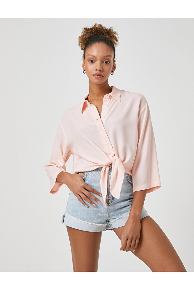 Front Tie Shirt Long Sleeve Buttoned Classic Cuff Collar
