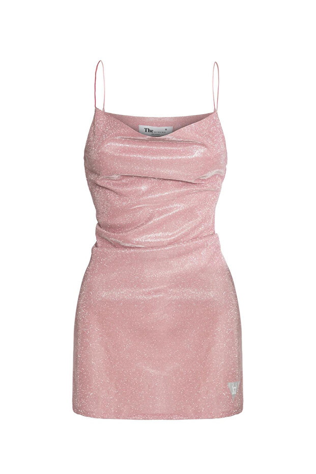 Özel Tasarım Simli Pembe Mini Askılı Elbise - 4