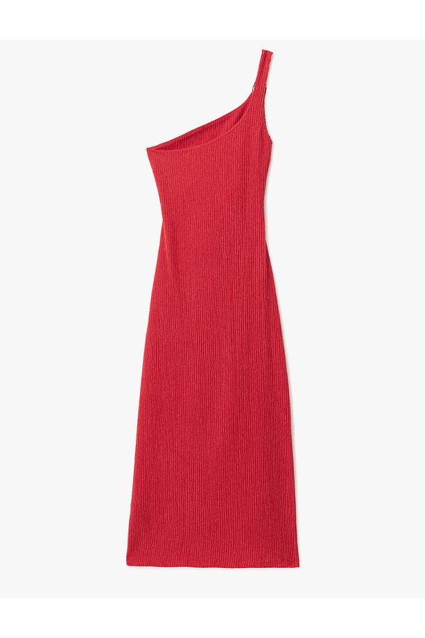 Drape Detaylı Slim Fit Midi Boy Tek Omuz Elbise - 4