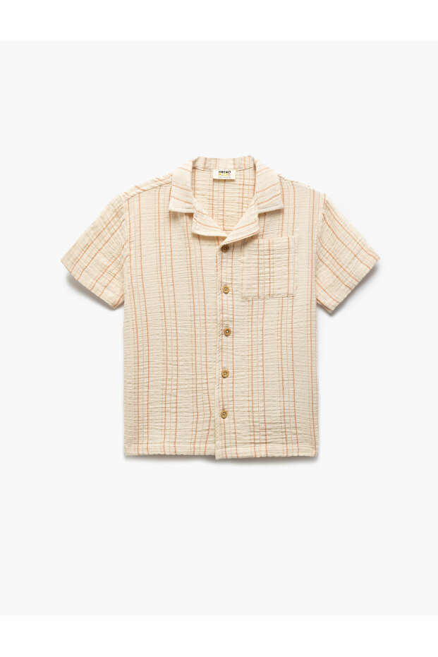 Cotton Pocket Detailed Striped Short Sleeve Muslin Shirt