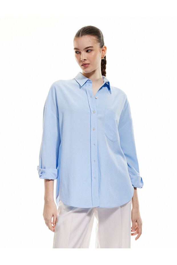 Regular Fit Shirt Collar Blue Women's Shirt 5Sak60262Uw