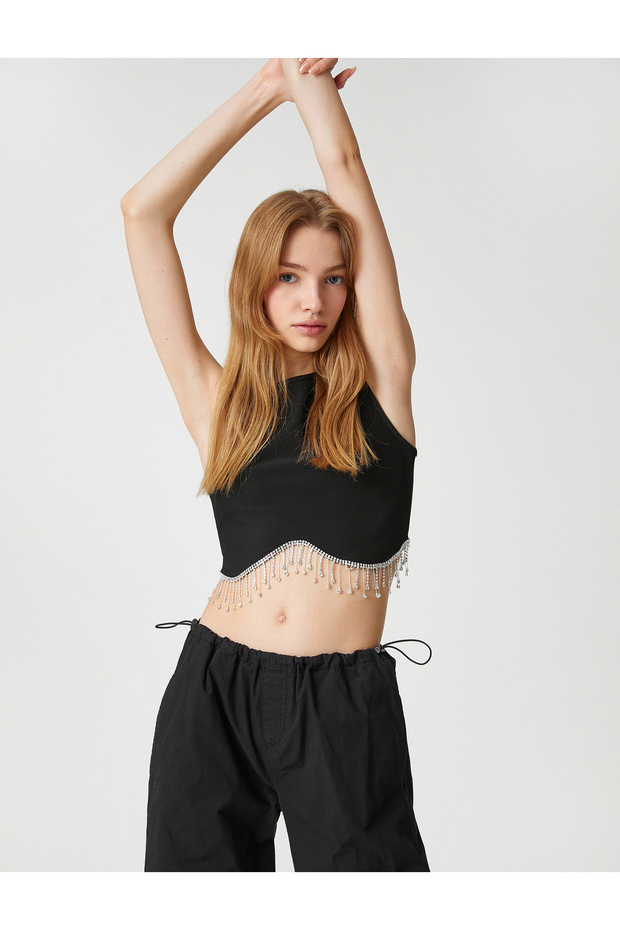 Crop Athlete Dangling Shiny Stone Detailed Crew Neck