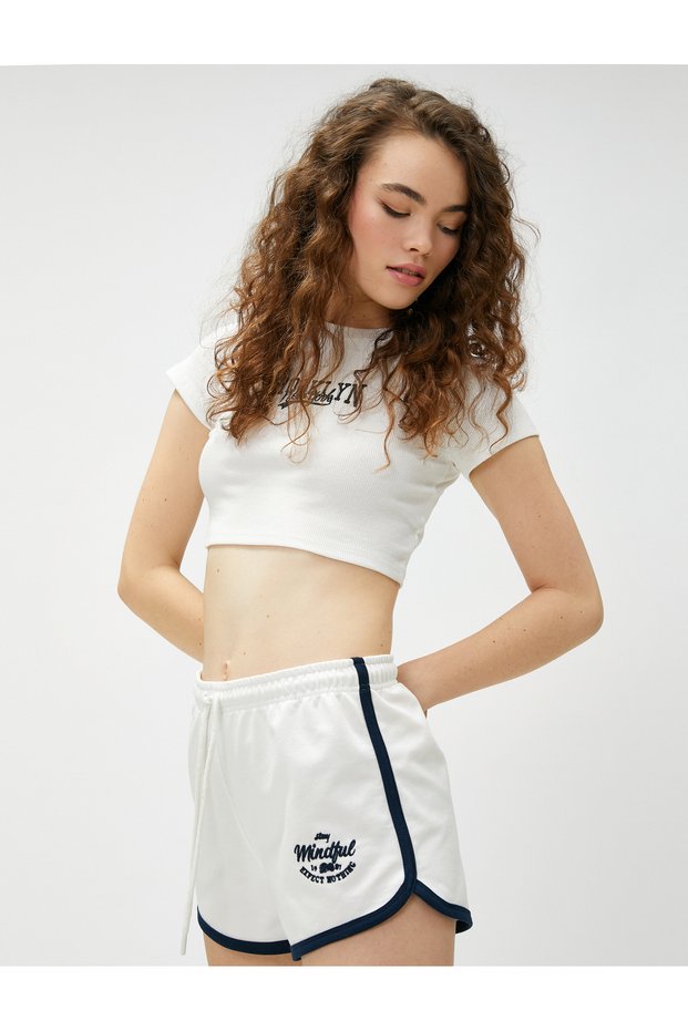 Mini Shorts with Lace Waist and Embroidered Piping Detail